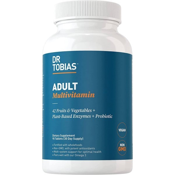 Dr. Tobias Adult Multivitamin bottle with 42 fruits and vegetables and probiotics